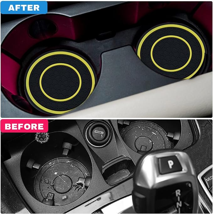 4 Pack Car Coasters for Cup Holder, 2.75 Inch Universal Auto Waterproof Coasters Silicon Insulation Cup Mats,No-Slip Anti Dust Insert Coaster for Woman Man, Suit for Vehicle Interior (Black/Yellow)