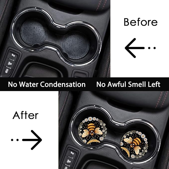 2 Pack Bee Car Cup Holder Coasters Universal Neoprene Coasters | 2.75" Universal Size Anti Slip Rubber Mat, Auto Cup Holder Accessories for SUV Truck, Bee Gifts for Women Men Mom