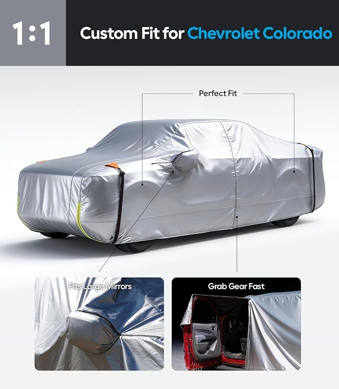 Wigoo Chevrolet Colorado Car Cover 2003-2026, Custom Fit Waterproof All Weather Outdoor Full Exterior Truck Cover, Windproof UV Rain Snow Dust Protection, Paint-Safe Lining, Door Zipper