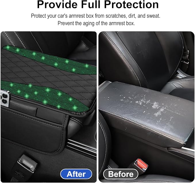 NBTEPEM Bling Car Center Console Cover, Leather Middle Console Cover with 2 Storage Bags, Universal Arm Rest Cover Protector, Bling Car Accessories Interior Fit for Most Vehicles, Green Diamond