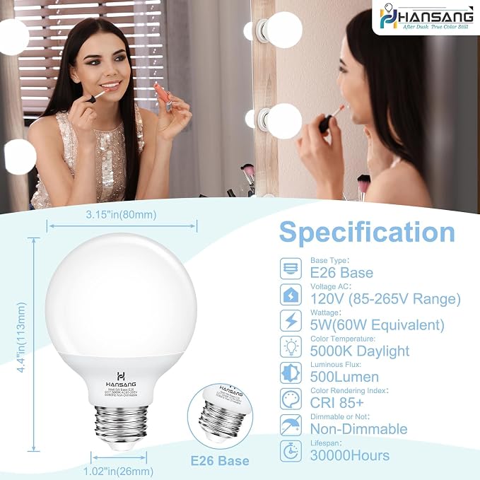 20 Pack Bathroom Light Bulbs, 5000K Daylight E26 LED Globe Bulbs, 60W Equivalent , G25 LED Vanity Light Bulb Perfect for Bathroom Makeup Mirror, Eye-Friendly CRI85+, 120V, 500Lumens, Non-dimmable