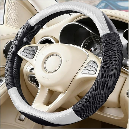 HZEL Car Steering Wheel Cover, Carbon Fiber Breathable Soft Grip Vehicle Steering Wheel Protector with Anti-Slip Lining, Automotive Interior Protective Decor Accessories, Universal Fit (White)