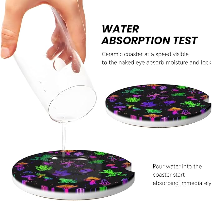 Bright Mushrooms Frogs Absorbent Ceramic Car Coasters 2 Pack Round Insert Cupholder Coaster Car Cup Holder Mat with Finger Notch Anti-Slip Cork Base Reusable Drink Coasters 2.56 in