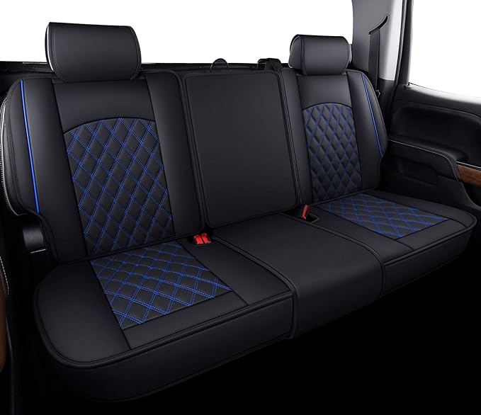 Aierxuan Back Seat Covers Compatible with Chevy Silverado GMC Sierra Pickup Custom Fit 2007-2026 1500 2500HD 3500HD Crew Double Extended Cab Waterproof Leather Split Bench (Rear Seat/Blue)