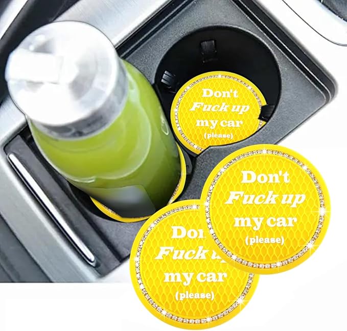 2 PCS Bling Car Cup Coaster, 2.75 Inch Anti-Slip Cup Holder Insert Coasters, Crystal Rhinestone Auto Drink Car Cup Mat for Women Girls, Universal Interior Car Accessories (Yellow)