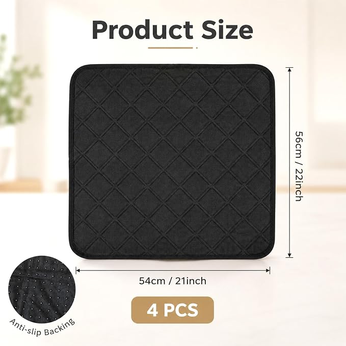 4 Pack Waterproof Chair Pads for Incontinence, 22" x 21" Reusable | Seat Protector Pads, Black Washable Seat Cover Non-Slip Absorbent Pee Cover for Incontinence Bed Wheelchair Adults