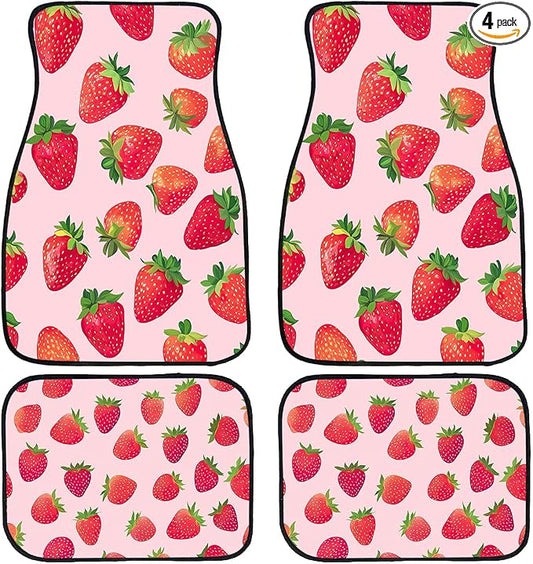 Strawberry Car Floor Mats Set of 4 Pink Cartoon Colorful Animation Carpet Front Rear Carpets Mat Non-Slip Auto Car Accessories Universal Fit for Car SUV Truck Van