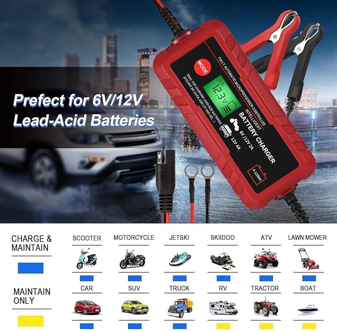 4A Smart Car Battery Charger, 6V 12V Automotive Charger Maintainer Fully Automatic 8-Stages Trickle Charger for Automotive Motorcycle Car Battery, Portable 4A Smart Car Battery Charger 6V 12V