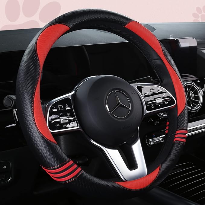 HighnessHwoo Car Steering Wheel Covers for Women Padded Carbon Fiber PU Leather Cute Auto Interior Accessories for Vehicle, Sedan, Universal, Anti Slip, Red, Standard Size, 14.75-15.15in