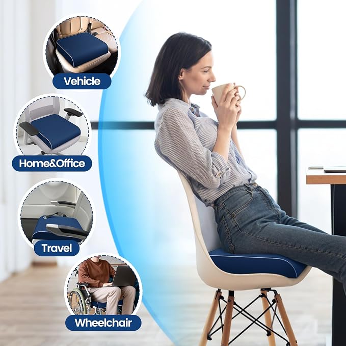 SweetSlubr Seat Cushion for Tailbone Pain Relief, Office Chair Cushion, Memory Foam Large Chair Pad with Non-Slip Cover for Soft Support at Office Chair, Car Seat, Airplane Drak Blue/2X-Large
