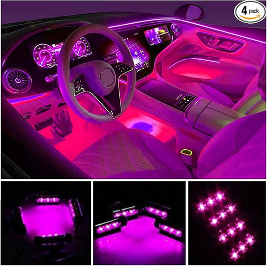 Car LED Strip Light, EJ's SUPER CAR 4pcs 48 LED Car Interior Lights Under Dash Lighting Waterproof Kit,Atmosphere Neon Lights Strip for Car,DC 12V(Pink)