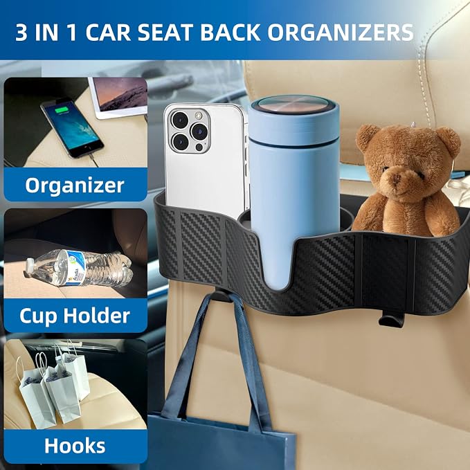 OUSHASAA 3-in-1 Car Headrest Organizer with 3.7" Cup Holder & Hooks-2PC | Backseat Cup Holder for Car, Multifunctional Car Travel Storage, Fits Most Cars & SUVs, Easy Installation