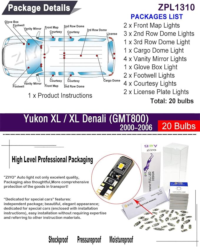 ZIYO LED Interior Light Kit for GMC Yukon GMT800 2000-2006 Chevrolet Suburban Tahoe Dome Light Bulbs Replacement Package, 6000K Xenon White LED Lights Accessories Upgrade (20 Bulbs)