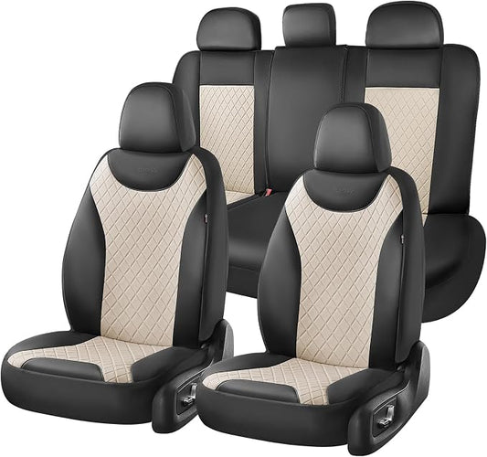 Coverado Car Seat Covers Full Set, Leather Seat Covers for Cars, Waterproof Car Seat Protectors, Front and Back Seat Covers Car Seat Cushions Universal Fit for Most Sedans, SUV, Trucks, Black & Beige
