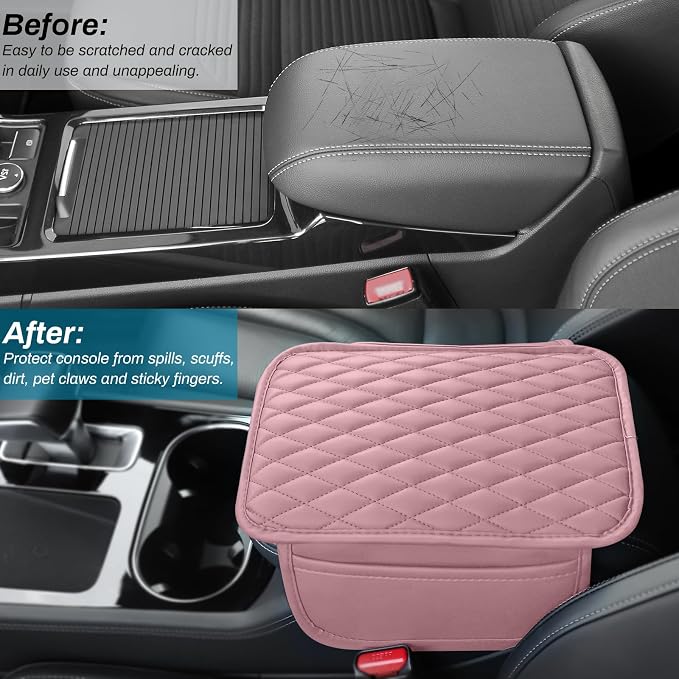 Ouzorp Car Center Console Cover, Upgraded Microfiber Leather Car Arm Rest Cover with 2 Storage Bags Universal Armrest Cover for Car Storage Box Car Interior Accessories Protector for Most Vehicle-Pink