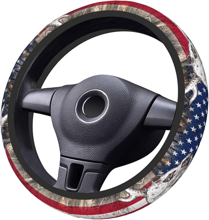 Camo Us Flag Deer Elastic Steering Wheel Cover Non-Slip Breathable Steering Wheel Protector Fit Auto, SUVs, Truck