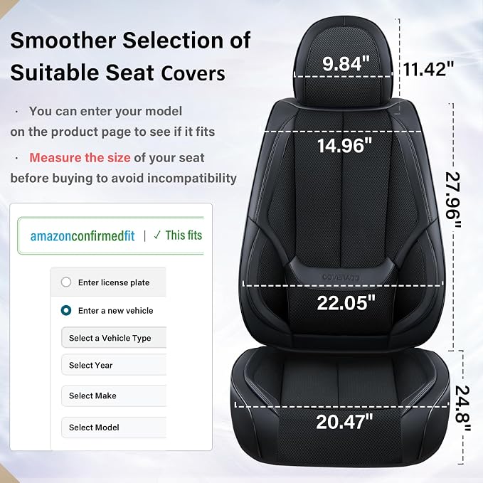 Coverado Front Seat Covers, Waterproof Universal Seat Covers for Cars, Breathable Fabric & Leather Car Seat Protectors, Car Seat Cushions Auto Accessories Fit for Most Sedans SUV Truck, Black