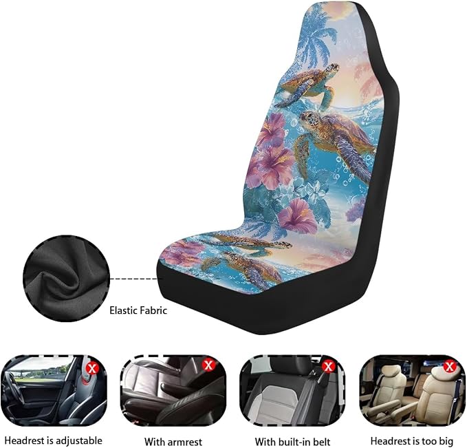 Sea Turtle Car Front Seat Covers 2 Pcs Anti-Slip Hawaiian Car Seat Cover Protector Front Seats Comfortable Protection Interior Accessories Suitable for Most Cars,SUV,Sedan