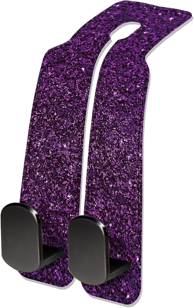 Car Seat Headrest Hook, Universal Leather Cute Hanger Holder Hook, Storage Organizer Interior Accessories for Purse Bags Handbag Glitter Purple Pattern