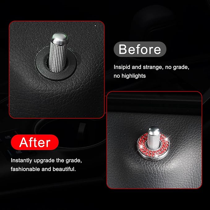 4 Pack Bling Car Inner Door Lock Covers, Rhinestones Pull Rod Bolt Decoration Stickers, Auto Universal Sparkly Door Bolt Cap, Compatible with Mercedes-Benz A/B/C/D/E Class (Red)