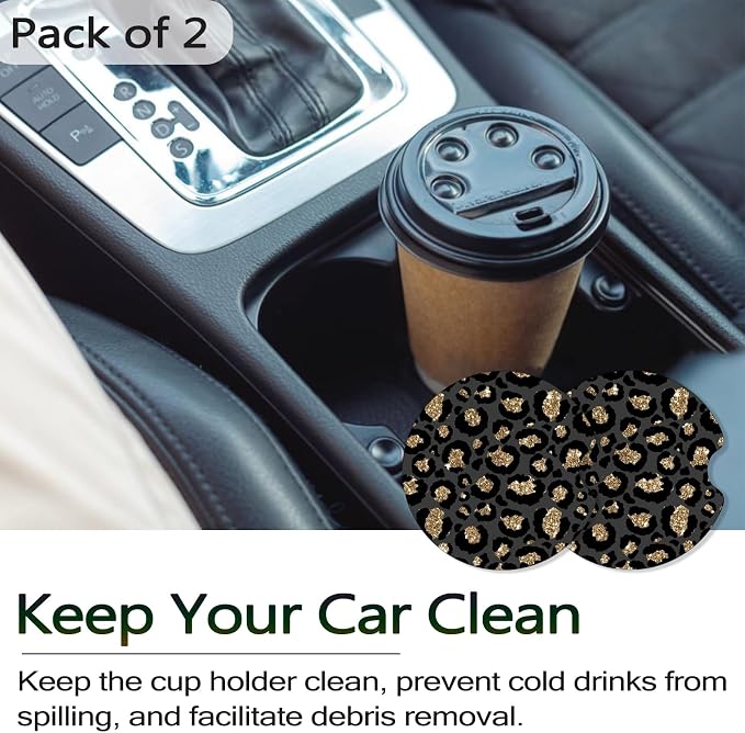 Car Coasters for Cup Holders - Black Gold Leopard Print | 2 Pack Anti Slip Universal Rubber Car Cup Coaster for Women Men, Car Interior Accessories