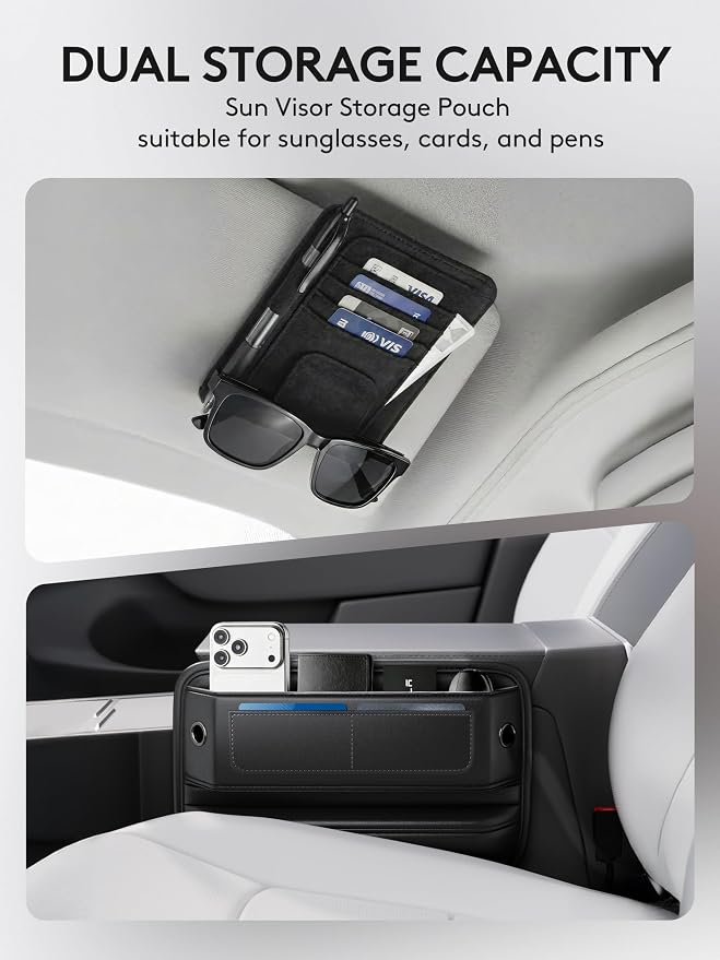 Car Seat Gap Filler Organizer with Sun Visor Organizer, PU Leather Seat Gap Filler for Phone, Keys, Cards & Sunglasses, Front Seat Storage Side Pocket for Cars SUVs Trucks