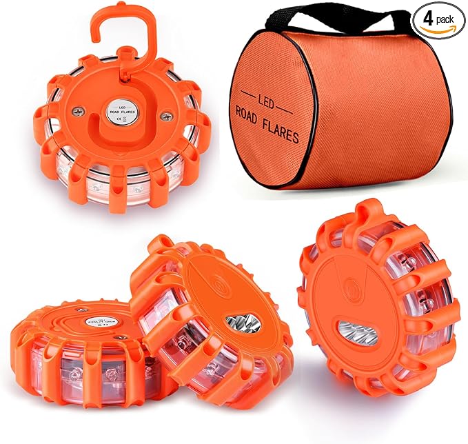 4 Pack LED Road Flares Emergency Lights, 9 Glow Modes Roadside Emergency Warning Car Safety Beacon Flashing Disc Flare Kit with Magnetic Base & Hook for Vehicles,Cars,Truck,Boat(NO Battery Included)