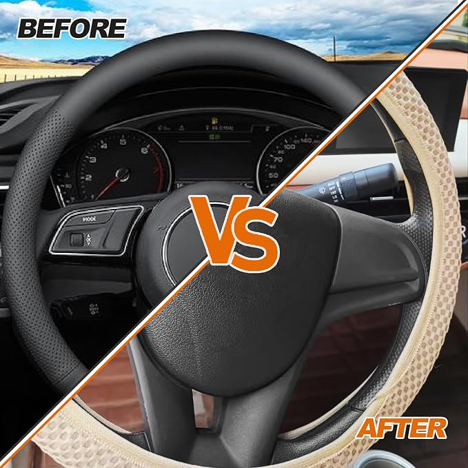 Car Elastic Stretch Steering Wheel Cover, Universal 15" Automotive Steering Wheel Protector, Microfiber Ice Silk, Breathable, Anti-Slip, Easy Carry, Car Accessories for Cars/SUVs/Vans/Truck (Beige)