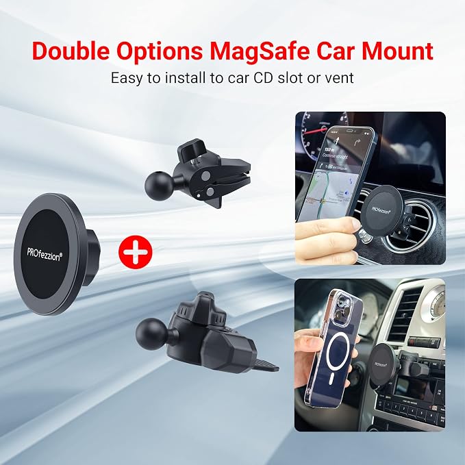 PROfezzion Car CD Slot Magnetic Phone Mount Holder for MagSafe iPhones | Vent Clip Included, No Vibrating, Powerful Magnets Compatible with MagSafe for iPhone 17 16 15 14 13 12 Pro Max & All Phones