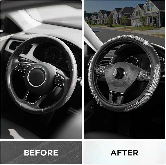 Road Comforts Pixel Glitter Steering Wheel Cover, 14.5–15 Inch Leather Steering Wheels Snug Fit, Anti-Slip Leather Grip, Elegant Sparkle Design, Universal Fit - Black