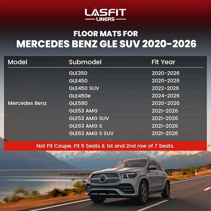 LASFIT Floor Mats & Cargo Mat for Mercedes Benz GLE SUV 2020-2026 350/450/ 53 AMG (Not Fit Coupe; Fit 5 Seats), All Weather TPE Anti-Slip Car Mats Custom Fit for GLE 1st & 2nd Row Set & Trunk Mat
