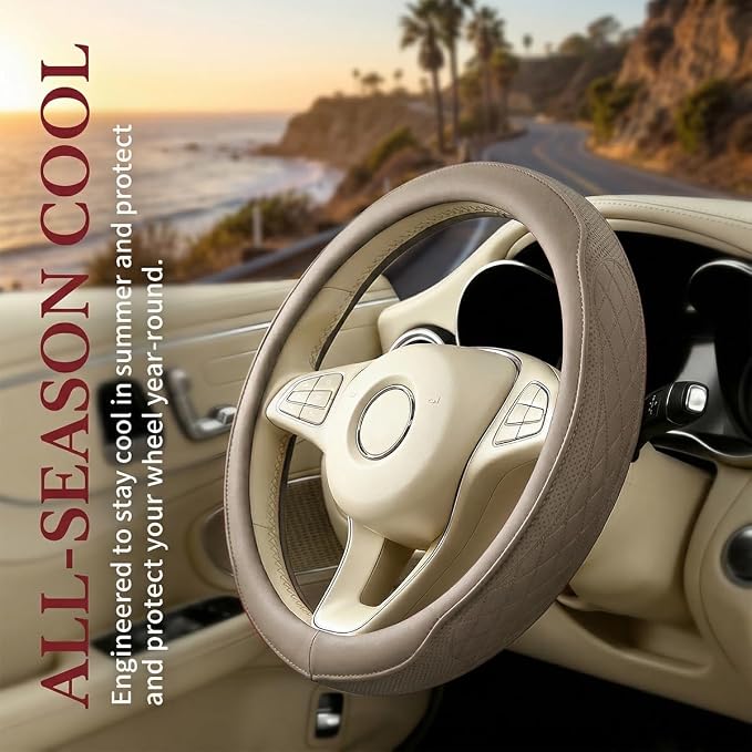 Car Steering Wheel Cover, Breathable Anti-Slip Vehicle Steering Wheel Protector with Inner Ring, Automotive Interior Protective Accessories, Universal for SUV RV Truck (Beige)