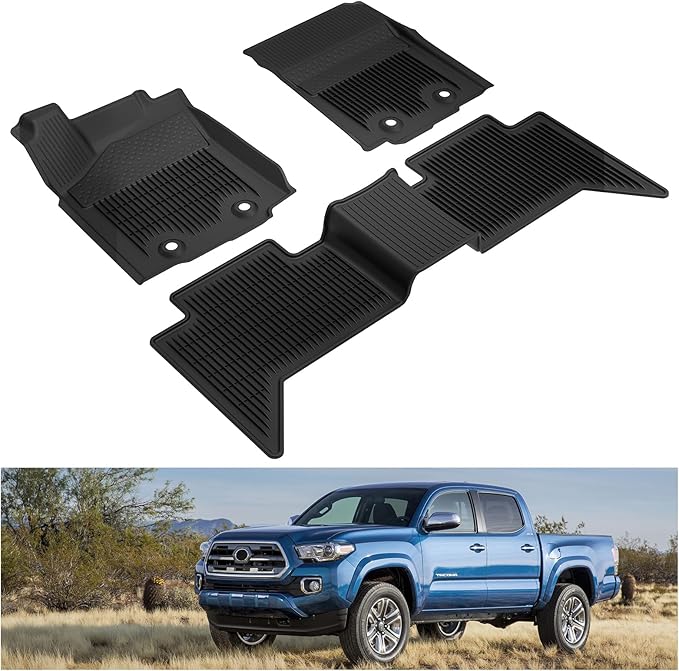 Kiwi Master Floor Mats for 2018-2023 Toyota Tacoma Double Cab Crew Cab | Custom Fit All Weather Car Mats, Heavy Duty TPE Floor Liners, Front & Rear 2 Row Set, Black