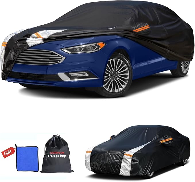 Multi-Layer Car Cover Custom Fit for Ford Fusion(205-2026), 100% Waterproof All Weather for Automobiles, Gift with Towel, Heavy Duty Car Covers for Rain Sun UV Protection with Door Zipper