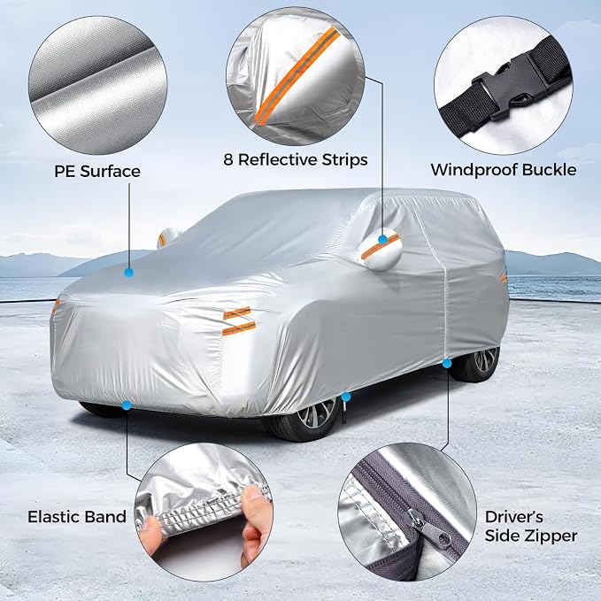Tsumbay 190T Car Cover Waterproof All Weather, Outdoor Full Exterior Cover with Door Zipper & Storage Bag, Rain Hail Sun Protector Car Cover Fit for Coupe Car Unfitted Vehicle Covers 181"-190", Silver