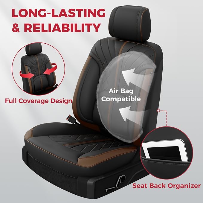 FREESOO Leather Seat Covers for Ford F150 SuperCrew/Crew Cab 2015-2026 | Fits F250/F350/F450 Super Duty 2017-2026, Custom Fit, Waterproof, Bucket Seat, Airbag Compatible, Lumbar Support, Easy-clean