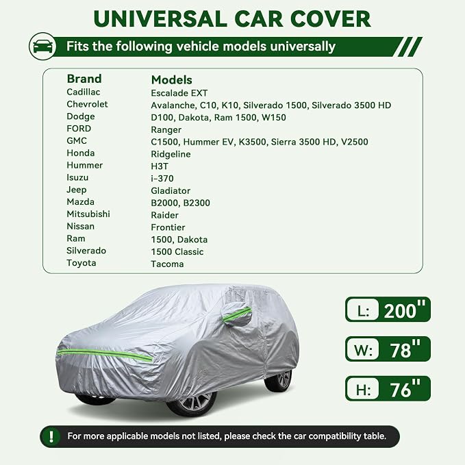 AUQDD 6-Layers Premium Truck Car Cover Waterproof All Weather Weatherproof UV Sun Protection Snow Dust Storm Resistant Outdoor Exterior Custom Form-Fit Full Padded Car Cover with Straps 198"-220" K13