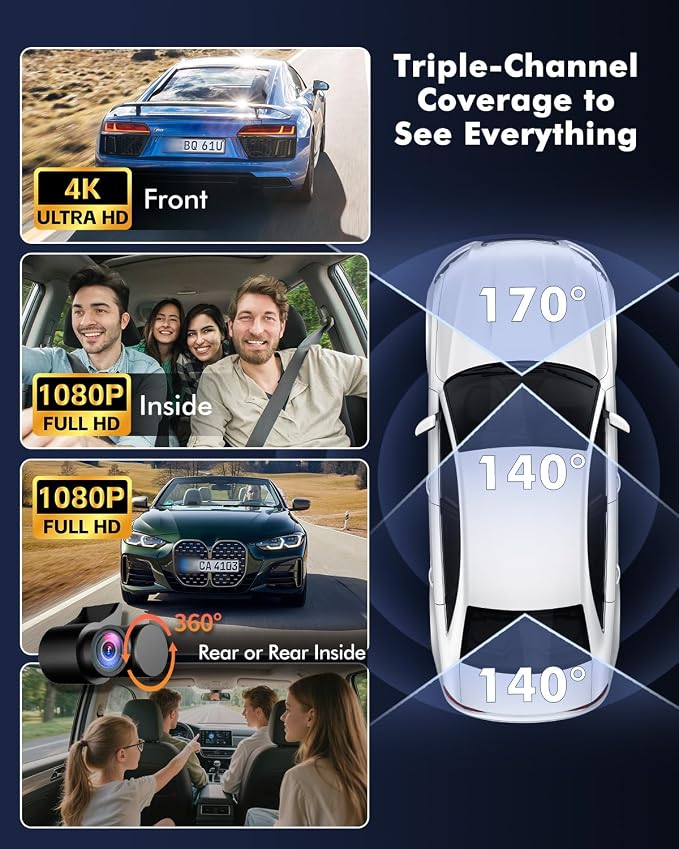 4K 3 Channel Dash Cam Front and Rear Inside, WiFi 6 GPS, 64GB Card | 4K+1080P+1080P, IR Night Vision, 24H Parking Mode, G-Sensor, Loop Recording, Dashcam for Rideshare Taxi Drivers Family