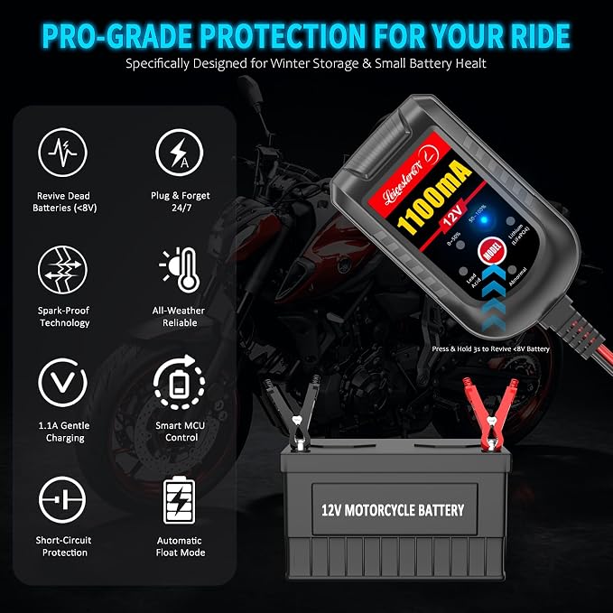 Motorcycle Battery Charger and Maintainer 12V, 1.1Amp Smart Trickle Charger - Automatic Float Charger for Cruiser Sport Bike ATV Scooter Dirt Bike Lawn Mower, LiFePO4 Lithium Lead Acid AGM Gel