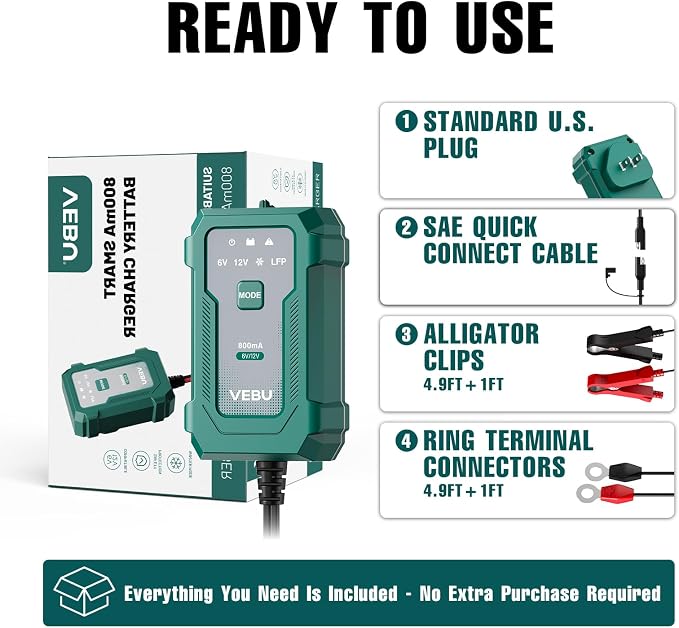 Motorcycle Trickle Charger 800mA Smart Battery Charger & Maintainer - Automatic for 6V/12V Lead Acid/Lithium Batteries, Plug & Play for Car Motorcycle Boat RV