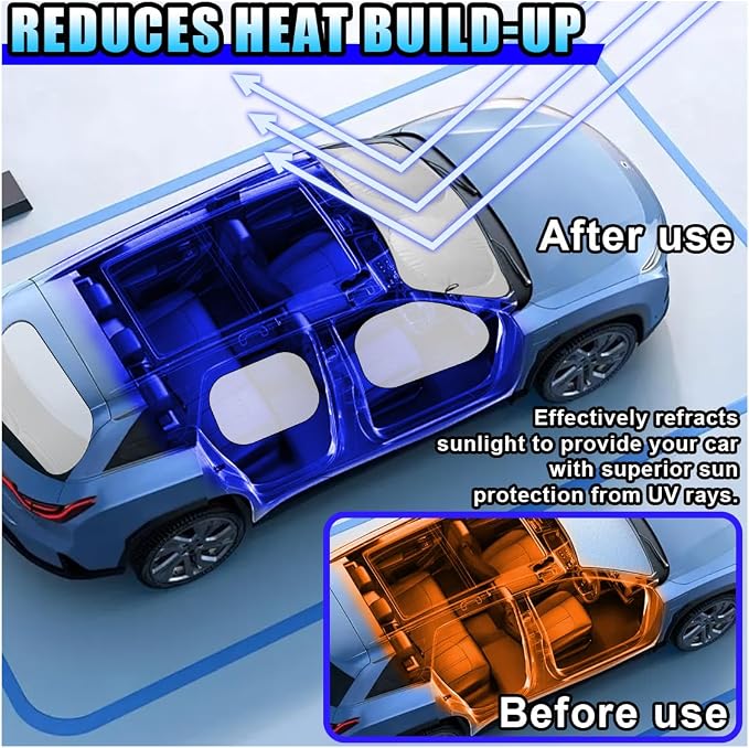 6PCS Reflective Car Windshield Sun Shade | Foldable Side Window Sunshade with Storage Bag for Front & Rear Windshield, Privacy Protection Cover Block UV Rays, Keep Cool