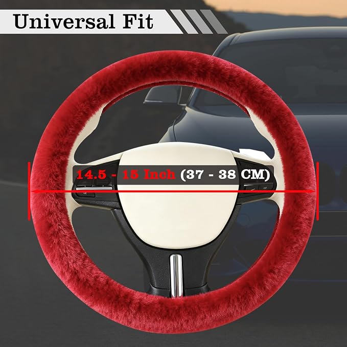 Furry Warm Steering Wheel Cover, Universal 14.5-15 Inch Winter Plush Warm Steering Wheel Cover, Soft Fluffy, Anti-Slip Design, Soft Texture (Red)