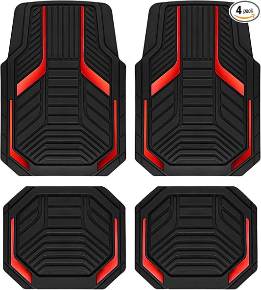 PIC AUTO Heavy Duty Rubber Floor Mats, Red Aluminum Film Car Mats Set, Front and Rear Car Mats with Anti-Slip Backing, All Weather Protection, Trim-to-Fit for Automotive SUV, Sedan, Van