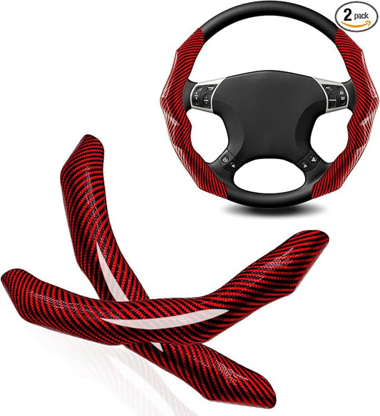 2Pcs Carbon Fiber Steering Wheel Cover, Cool Irregular Shape Grip & Anti-Slip Lining Segmented Design Steering Wheel Protector for Car Interior Accessory, Stylish & Sporty (Red)