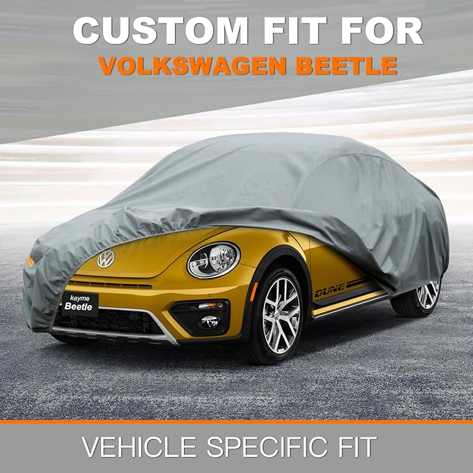 Kayme Heavy Duty Car Cover Custom Fit Volkswagen Beetle/New Beetle/VW Bug Waterproof All Weather for Automobiles, Full Exterior Covers Sun Rain UV Protection.