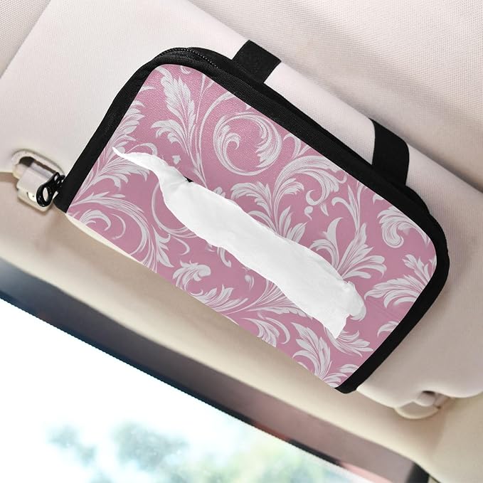 Car Tissue Holder Car Napkin Holder Tissue Box Dispenser Storage Case Sun Visor Mask Holder Accessories with Adjustable Straps Reusable Refillable Pink Damask Swirl