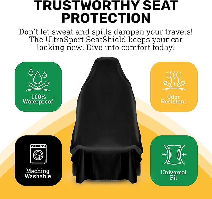UltraSport Waterproof Towel Car Seat Cover, Universal Fit, Sweatproof & Odor-Resistant Front Seat Protector, Quick-Dry, Machine Washable for Gym, Pets, Travel, Outdoor Adventures, Black