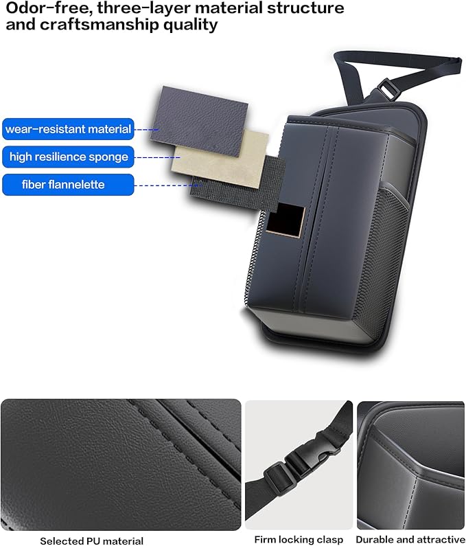 Car Tissue Holder for Front Seat, Headrest Organizer with 2 Side Mesh Pockets for Phones & Cards, L-Square Tissue Box Cover Holds 150 Tissues, Durable PU Leather