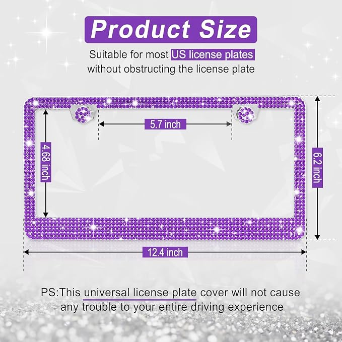 Amiss Bling License Plate Frame for Women, 1Pack Rhinestone Handcrafted Crystal Premium Stainless Steel, Stainless Steel Car Decorative Accessories with Diamond Sparkle Glitter Caps (Purple)