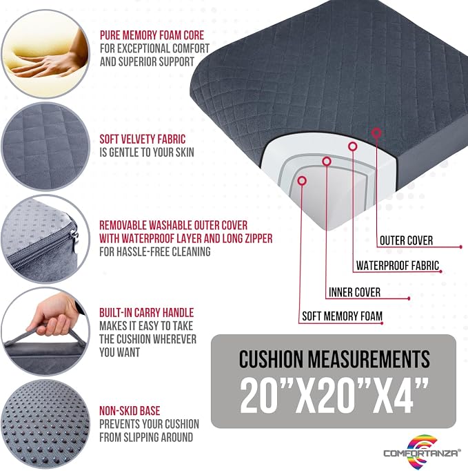 Medium-Soft 20x20x4 Memory Foam Recliner Chair Seat Cushion for Long Sitting - Armchair Pad with Washable Velvety Cover with Waterproof Layer & Non-Slip Base for Seniors & Elderly - Beige